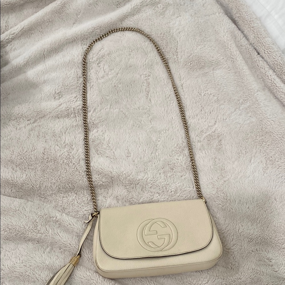 Gucci Cellarius Calfskin medium flap Soho Cream Crossbody Bag Chain Strap tassel - Picture 3 of 16